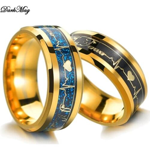 DarkMag 2020 Black Blue Stainless Steel Electrocardiogram Heartbeat Rings For Men Rock Ring Jewelry