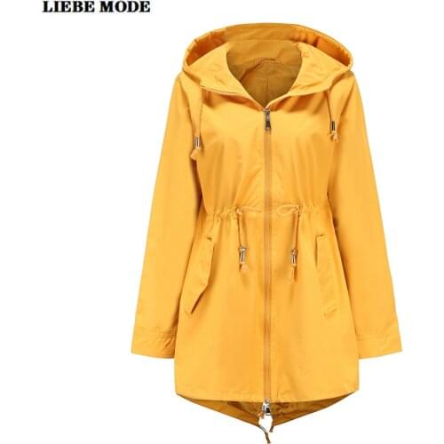 Black Yellow Hooded Trench Coat for Women Slim Waist Long Windbreaker with Hood 2020 New Autumn Winter Thin Outwear Clothes