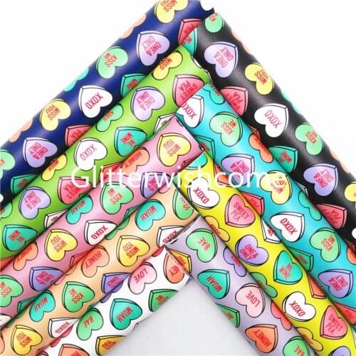 Glitterwishcome 21X29CM A4 Size Candy Hearts Printed Smooth Synthetic Leather Faux Fabric with Felt Backing for Bows, GM959B