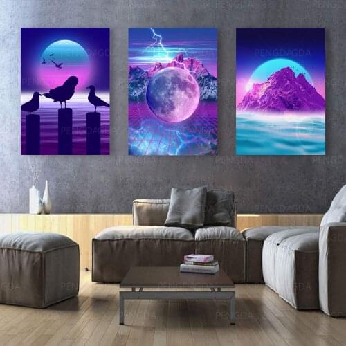 HD Prints Wall Artwork Gull Synthwave Canvas Painting Home Decoration Scenery Moon Modular Pictures Rock Sea Poster Living Room