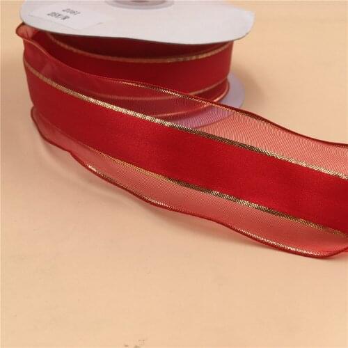 38MM X 25 Yards Red Organza Stripes WIth Gold Wire Edge Ribbon for Birthday Decoration Gift Wrapping 1-1/2" N2161