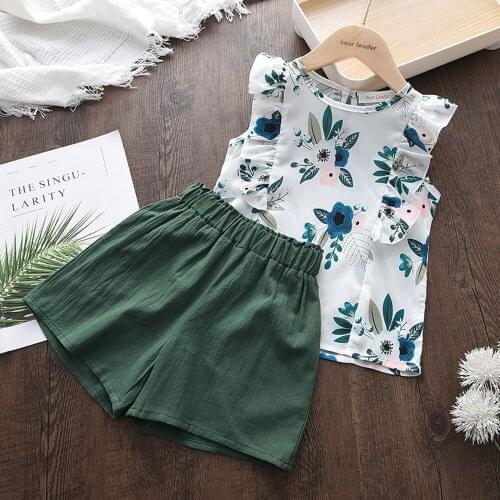 Girls Summer Clothing Sets 2021 New Fashion Flowers Clothes Baby Ruffles Forest Floral Cool Vest Shorts 2pcs Set For Kids 3-7y