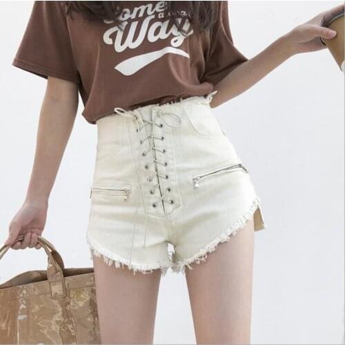 Summer Women High Waist Denim Shorts Girl Lace Up Jeans Zipper Pockests Casual Female Hot Pants Jeans