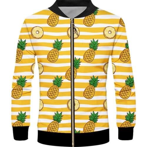 Mens Jacket EU Size Zipper Jacket Fruits Striped Pineapples Print 3d Womens Long Sleeves Coats Casual Overdress Dropshipping