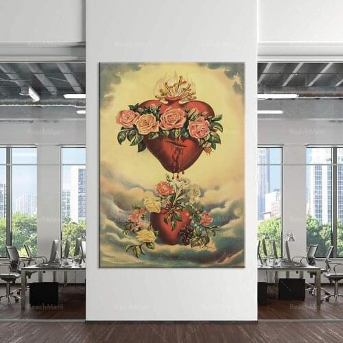 Immaculate Heart, Sacred Heart Art Prints, Mexican Folk Art, Bleeding Heart Painting, Spirituality, Religion, Retablo Poster