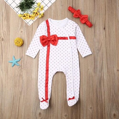 Pudcoco Newborn Baby Boy Girl Clothes Polka Dot Print Bowknot Long Sleeve Romper Jumpsuit Headband 2Pcs Outfits Cotton Clothes