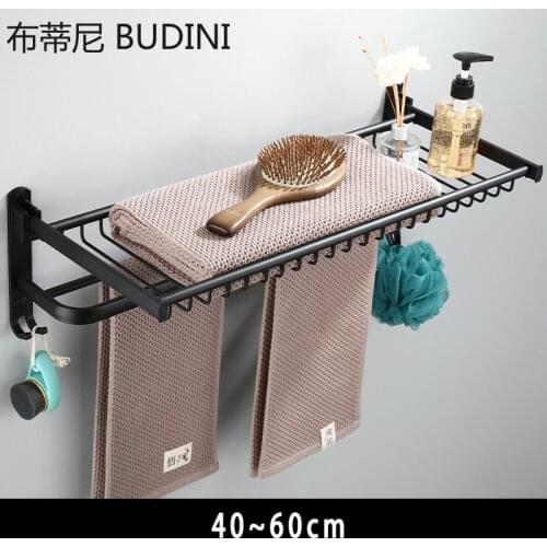 Punch Free Bathroom Towel Rack Foldable Towel Rail Space Aluminum Black Floating Shelf Bath Towel Holder Folding Bath Shelves