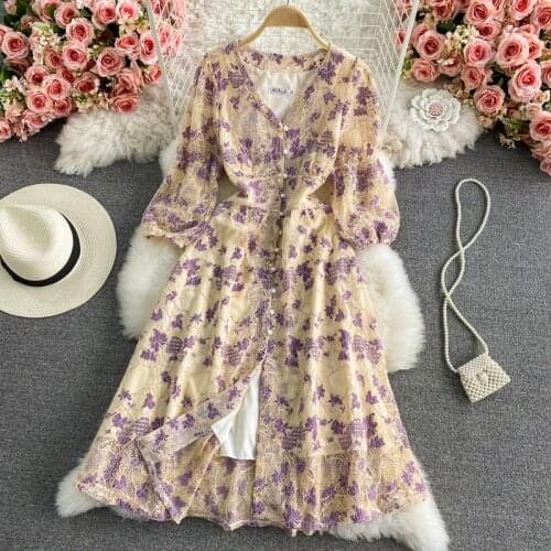 Muti-Color Lace summer woman dress V Neck High Waist Casual holiday dresses for women Hollow Out Short Sleeves Buttons Down robe
