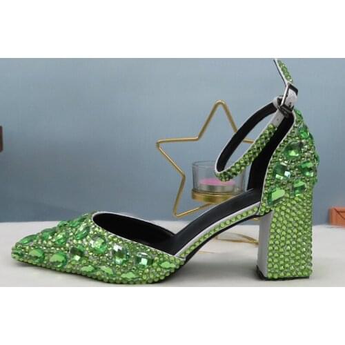 Light Green Crystal Summer Sandals ankle strap Fashion wedding shoes woman Pointed toe High Thick Heel Buckle Shoes 2020 New