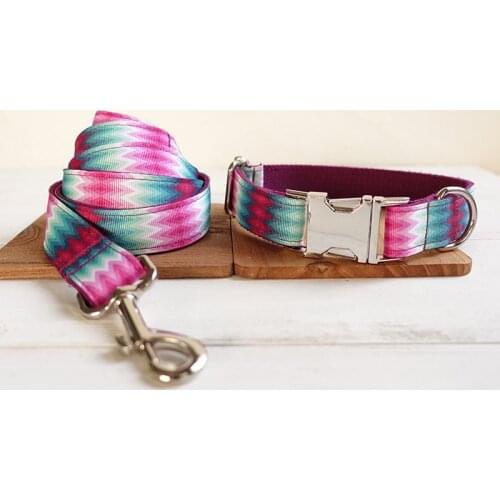 GLORIOUS KEK Dog Collar and Leash Set Rainbow Pattern Custom Engrave Name Dog Collars Quick Lease Metal Hardwares Pet Collar Big