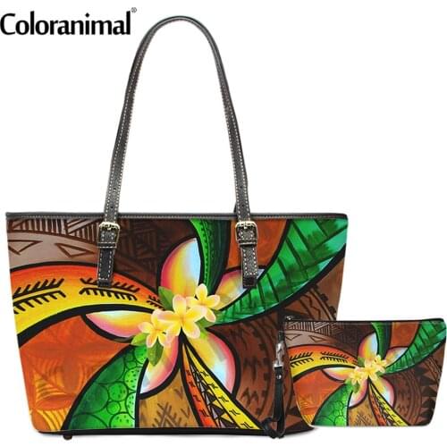 Coloranimal Tribal Polynesian Plumeria Printed Women PU Shoulder Bag With Wallet 2Pc/Set PU Leather Crossbody Bag Messenger Bag