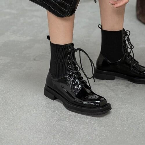 Genuine Cow Leather boots womens 2020 autumn British style thick-soled mid-tube boots flat ankle women