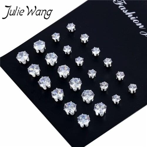 Julie Wang 12 Pair White Crystal Stone Zirconium Dioxide Glittering Stud Earrings Fashion Casual Sports Style For Wedding Bride