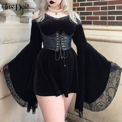 InsDoit Goth Flare Sleeve Black Dresses Women Aesthetic Velvet Vintage Summer Dress Off Shoulder Harajuku Fashion Elegant Dress