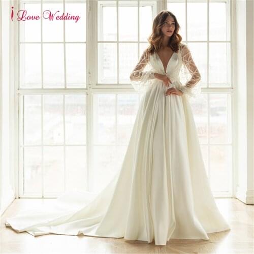 2021 Elegant Deep V Neck A Line Detachable Long Puff Sleeves Wedding Dress Sexy Backless Beaded Bridal Gown Robe De Mariee