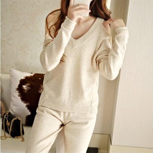 2020 V-neck Wool Bamboo Fiber New Fashion Casual Cashmere Sweater Female Strapless Sexy Loose Knitted And Trousers Of Women