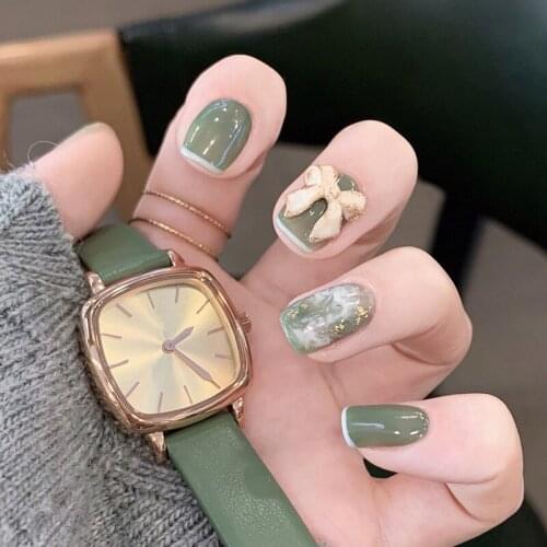 24pcs Detachable Milk Tea Green Bow False Nail Set Full Cover For Finger Decoration Press On Fake Nails Art Extension