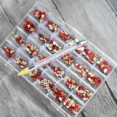 480pc/Box Red-AB Color Nail Rhinestones 1pc Dotting Pen Flatback Crystal Nail Art Decorations Sparkle Quality Glass Stones Te#81