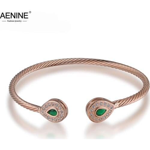 AENINE Bracelets & Bangles For Women Drop Shape Spiral Bangle Green Cubic Zirconia Paved Rhinestones Pulseras Jewelry B16001