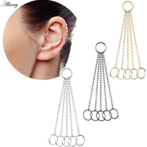 Alisouy 1PC 6 Rings With Chains Ear Cuff Earrings Steel Cartilage Hoop Studs Helix Tragus Fake Piercing Ear Women Body Jewelry
