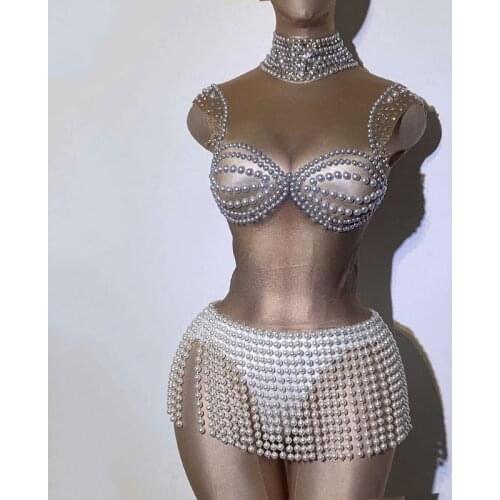 European Clothing For Female Singer Costume Sleeveless Nude Bodysuit Pearl Fringe Rhinestone Outfit Sexy Pole Dance Outfit 2017