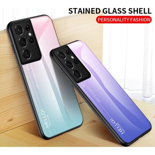 Gradient Tempered Glass Phone Case For Samsung Galaxy S21 Ultra S20 Plus Soft Silicone Protective Back Cover Capa