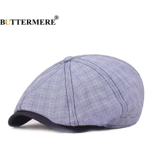 BUTTERMERE Plaid Newsboy Cap Men Blue Cotton Linen Octagonal Cap Male Gatsby Checkered Duckbill Spring Autumn British Beret Hat