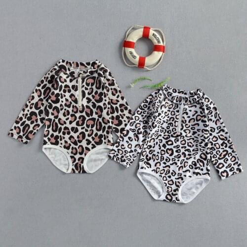 Summer One Piece Girls Swimsuit Leopard Bikini Long Sleeve Zipper Skinny Beachwear Toddler Kids Swimwear
