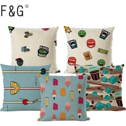 Summer Cool Drink Cartoon Cushion Cover Soda Ice Cream Printed Cotton Linen Office Waist Pillow Car Sofa Decoration Pillow Case