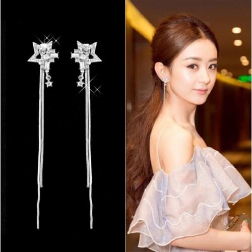 Cute New Long Tassel Crystal Star Hanging Earrings For Girls Fashion Rhinestone Fringe Dangle Earrings Women Jewelry Gift