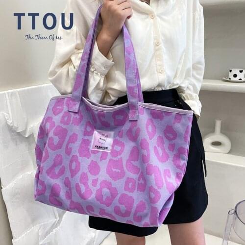 Fashion Women Pink Leopard Pattern Shoulder Bag Eco Friendly Canvas Shopping Bag Casual Ladies Large Capacity Tote Travel Bags
