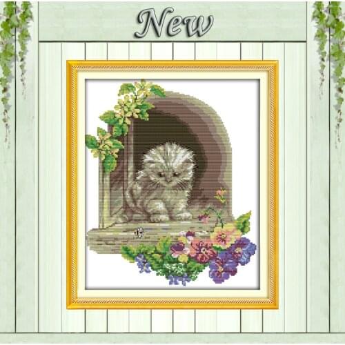 Kitten in the window flower Decor paintings counted printed on canvas DMC 11CT 14CT kits Cross Stitch embroidery needlework Sets