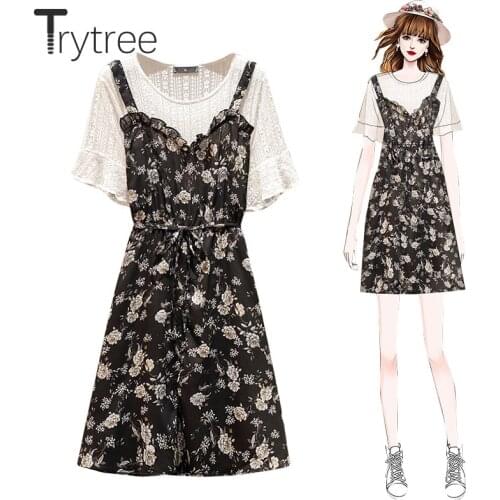 Trytree 2020 Summer Women Dress Casual O-neck Ruffles Patchwork Lace A-line Drawstring Fashion Loose Print Fake two pieces Dress
