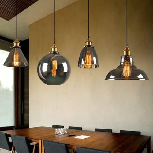 Retro Smoky Glass Lamp Straw Hat Shape Loft Kitchen Bedroom Study Dining Room Single Head LED Chandelier Light Fixture