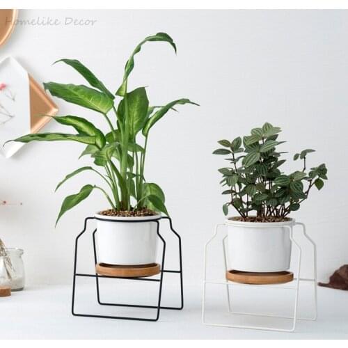 Modern Iron Metal Ceramic Planter White Black Porcelain Flower Pot with Bamboo Stand Home Garden Desktop Decoration