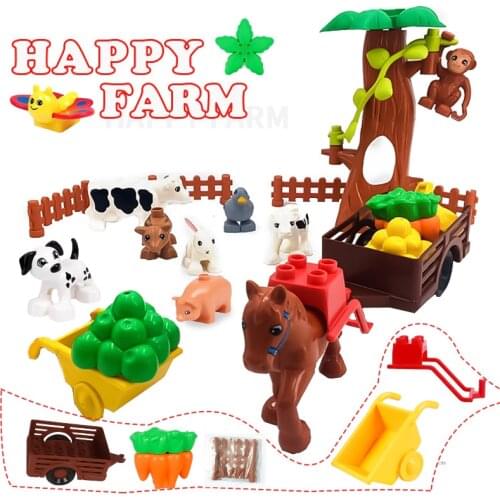 Big Size Building Blocks Farm Work Scene Horse Cow Rabbit Animals Accessories Bricks Compatible With Cart Trailer Toys For Kids