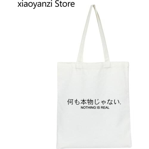 Nothing Is Real Shoulder Canvas Bag Harajuku Japanese Funny Letter Printed Eco Reusable Shopping Bags Hipster Handbag Black