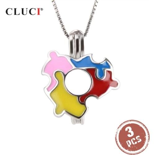 CLUCI 3pcs Silver 925 Pendant Jewelry for Autism Awareness 925 Sterling Silver Charms Pendant Women Pearl Locket Jewelry SC267SB