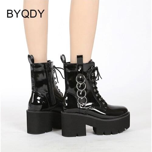 BYQDY Fashion Chain Women Leather Autumn Boots Block Heel Soft Sole Comfy Punk Darkness Style Platform Shoes Female Footwear