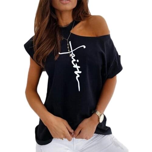 Print One Shoulder Short Sleeve Casual Blouses for Women Breathable Round Neck T-Shirt Solid Color XIN-Shipping