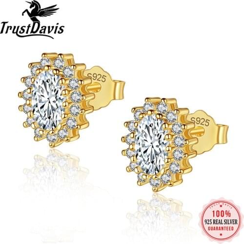 TrustDavis Real 925 Sterling Silver 14K Gold Plated Zircon Stud Earrings For Women Light Luxury Temperament Jewelry Gift L084