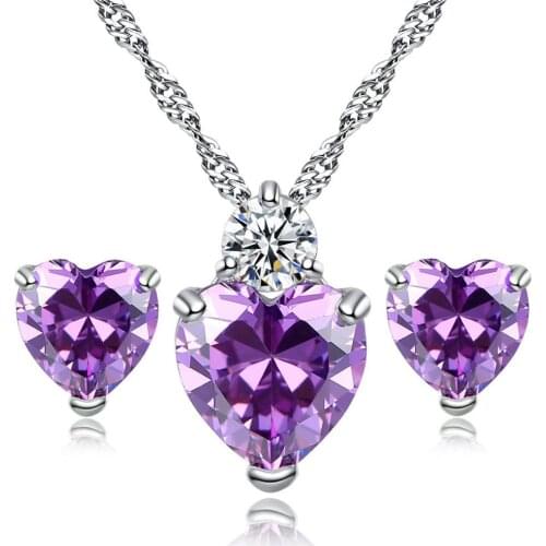 RUBY AMETHYST GEMSTONES ZIRCON DIAMOND HEART STUD EARRINGS &PENDANT NECKLACE JEWELRY SETS FOR WOMEN CRYSTAL WHITE GOLD COLOR
