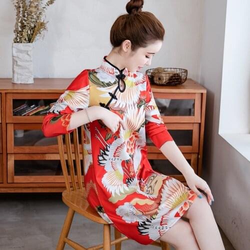 Autumn Chinese Style Vintage Crane Print Improved Cheongsam Women Long Sleeve Stand Collar Buckle Plus Size Slim Mini Dress