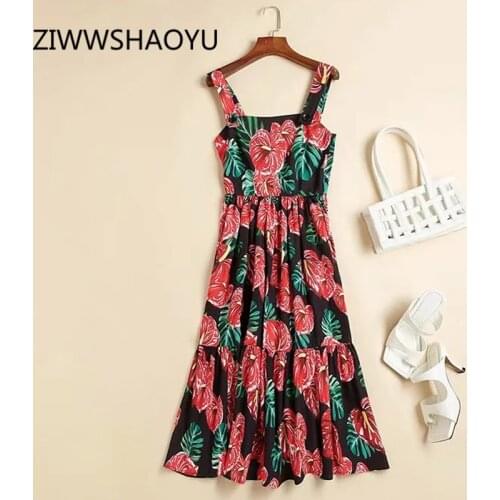ZIWWSHAOYU Summer Women Floral Print Vintage Midi Dresses Fashion Designer Ladies Ruched Backless Spaghetti Strap Dress 2020