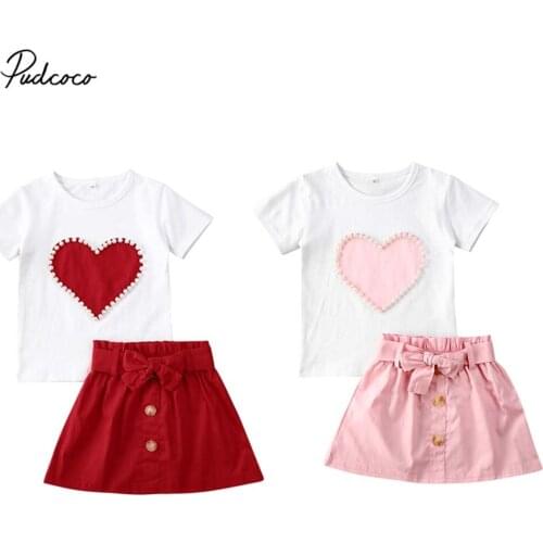 2PCS Toddler Kids Baby Girls Pearl Heart Print Outfits Clothes Summer T-shirt Tops+Skirts Sets 1-5T
