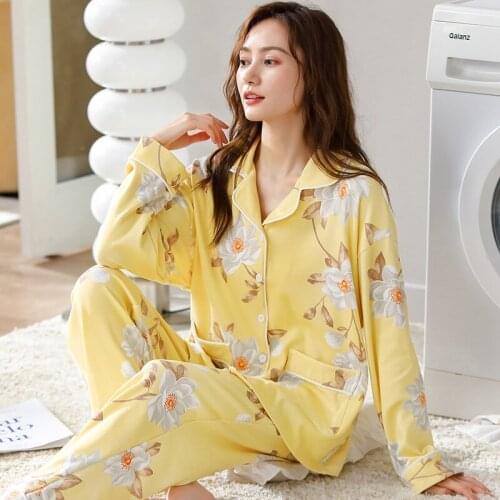 Yellow Print 2PCS Cotton Pajamas Sets Sexy Turn-Down Collar Pyjamas Suit Sleepwear Nightwear Underwear Loungewear Home Clothes