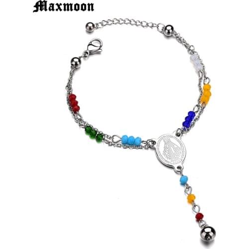 Maxmoon Catholic Religious Bead Bracelets Rosary Centerpiece Sacred Heart of Mary Guadalupe Mercy Jesus Saint Icon Jewelry