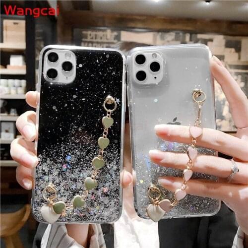 For iPhone 11 Pro Max XS Max XR X7 8 6 6s Plus Phone Case Glitter Bling Epoxy Loving Heart Bracelet Cute Clear Soft Case Cover