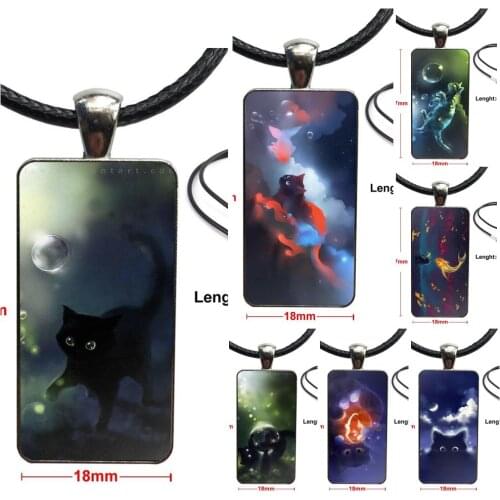 Art Fantasy Goldfish Kitten Night Stars Glass Pendant Necklace Handmade Half Pendant Rectangle Necklace For Women Men