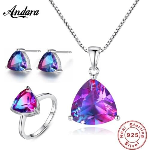 Jewelry Set 100% 925 Sterling Silver Elegant Heart Rainbow Stone Necklace Earrings Rings Set Woman Luxury Jewelry